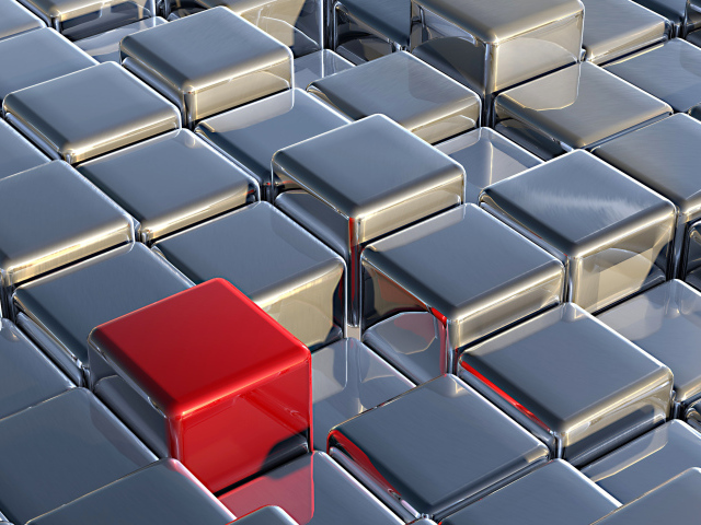 Красный куб среди серебристых, 3д графика