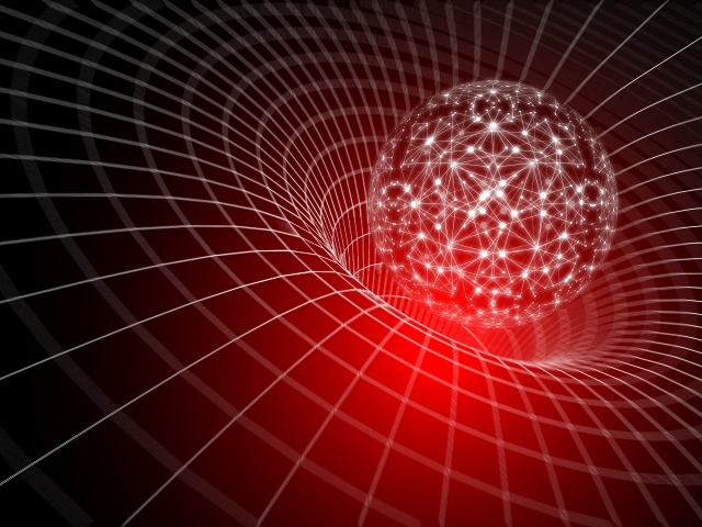 Светящийся белый шар погружается в воронку виртуальной сетки, 3д графика