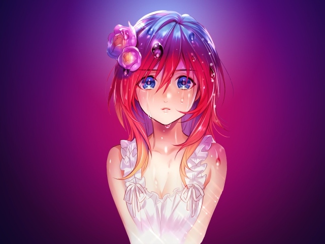 Капли воды стекают по волосам девушка аниме