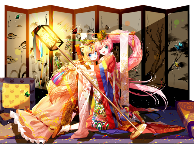 Две девушки в костюмах, аниме  Вокалоид