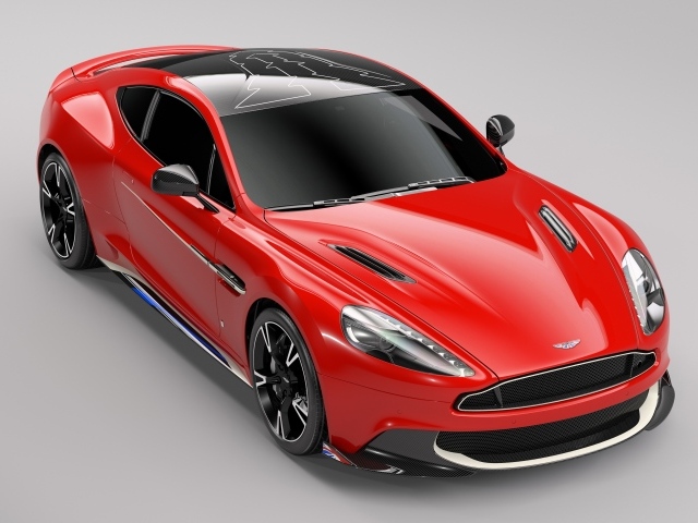 Красный спортивный автомобиль Aston Martin Vanquish S, 2017 на сером фоне