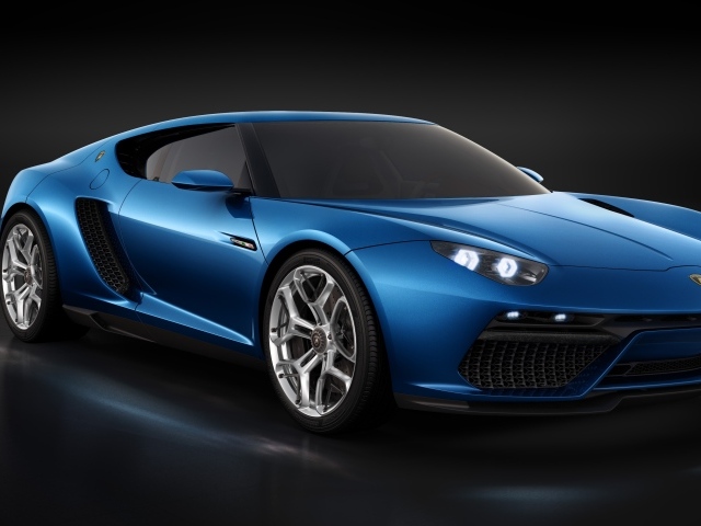 Синий автомобиль Lamborghini Asterion на черном фоне