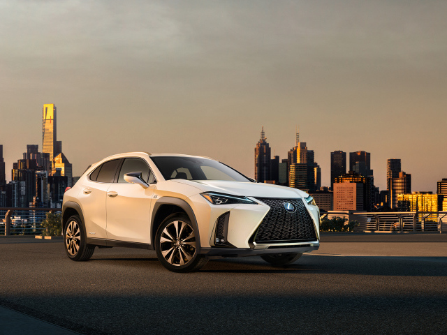 Белый внедорожник Lexus UX, 2019 на фоне города