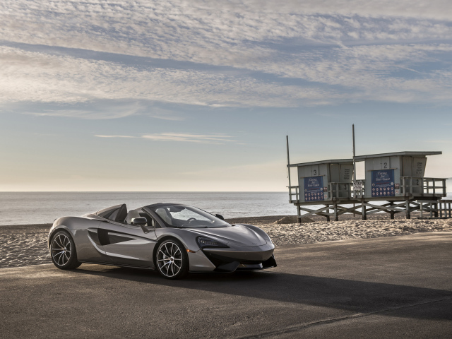 Серебристый спортивный автомобиль McLaren 570S на фоне красивого неба