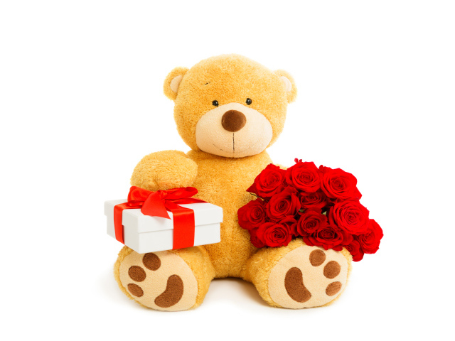 Большой плюшевый медведь с букетом красных роз и подарком