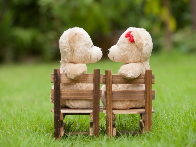 Два плюшевых мишки на деревянных креслах на зеленой траве