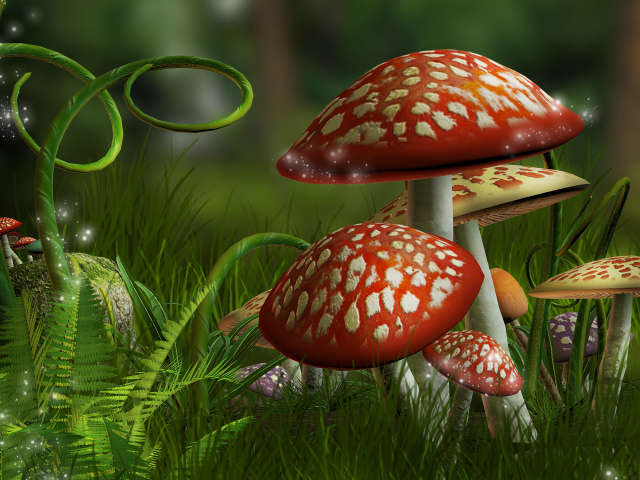 Нарисованные фантастические грибы мухоморы