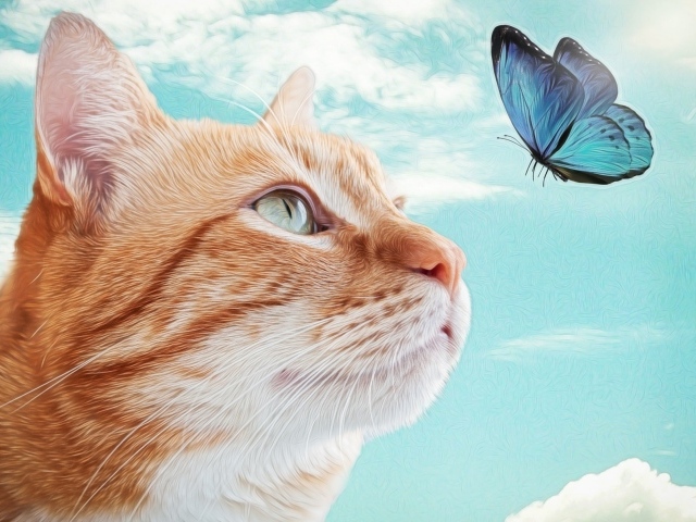 Нарисованный рыжий кот с голубой бабочкой 