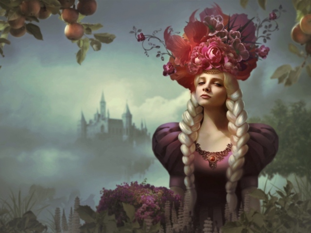 Красивая девушка с длинными волосами и цветами на голове, фэнтези