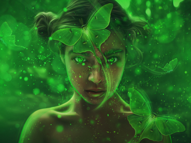 Фантастическая девочка с зелеными бабочками