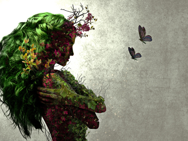 Фантастическая девушка с растениями и бабочками