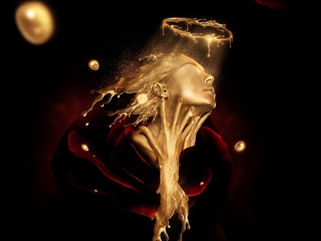 Лицо девушки из золота в красной розе, фэнтези