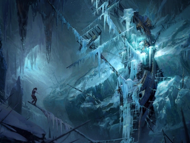 Девушка стоит на затонувшем покрытом льдом корабле, фэнтези