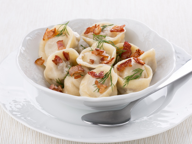 Аппетитные пельмени с салом и зеленью в белой тарелке