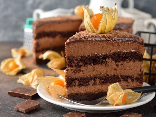 Кусок шоколадного торта с ягодами физалиса