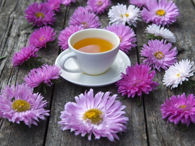 Белая чашка чая на столе с астрами