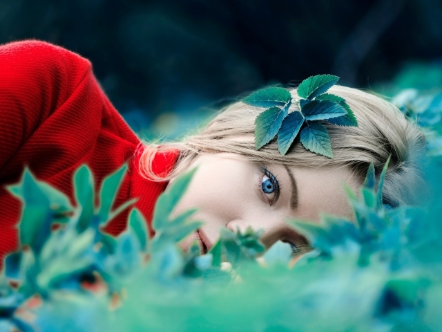 Голубоглазая девушка в красном свитере лежит в зеленых листьях