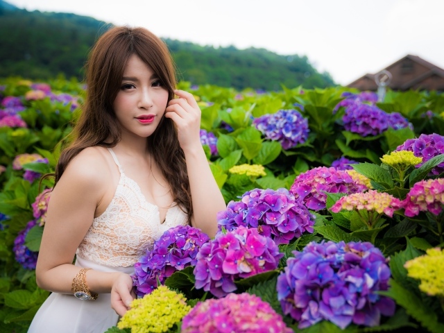 Красивая девушка азиатка с цветами гортензии  