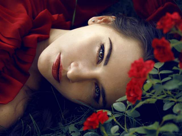 Красивая брюнетка лежит на траве с красными розами