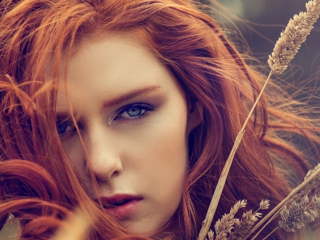 Красивая рыжеволосая девушки с колосками 