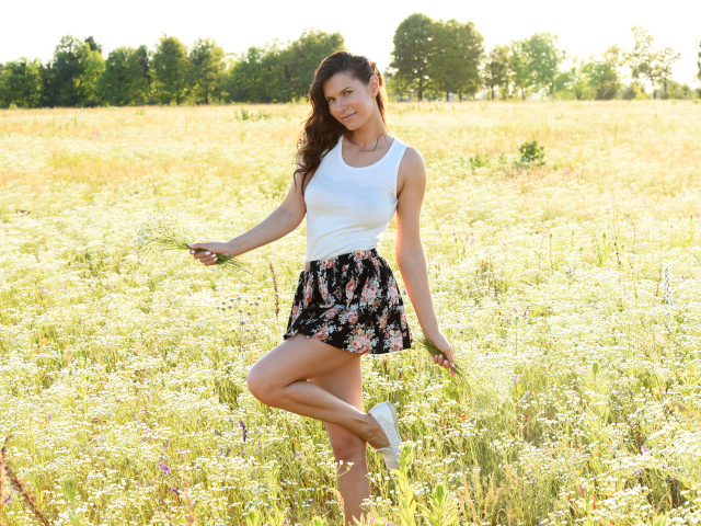 Красивая молодая девушка на поле с белыми ромашками