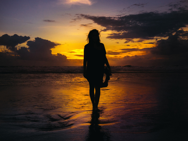 Силуэт красивой девушки на берегу моря на закате