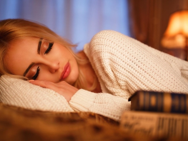 Нежная спящая блондинка в белом свитере 