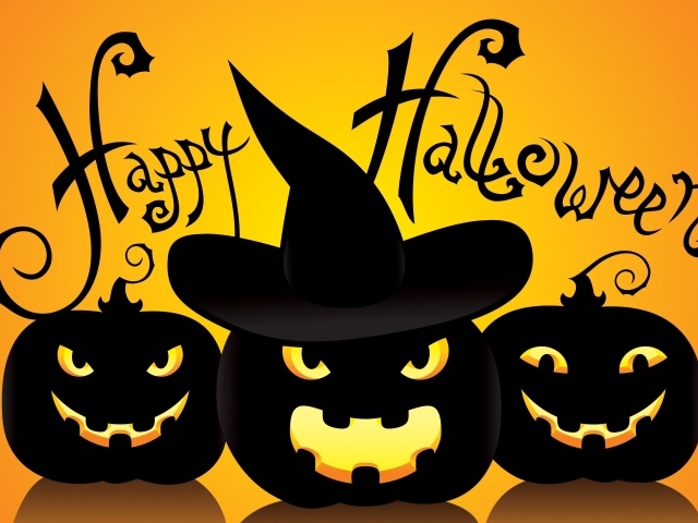 Черные тыквы в шляпах на желтом фоне к празднику Хэллоуин