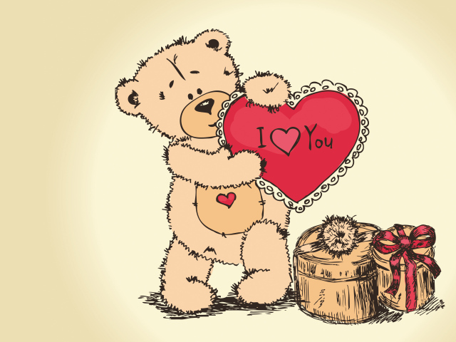 Медвежонок Тедди с сердцем в руках и подарками