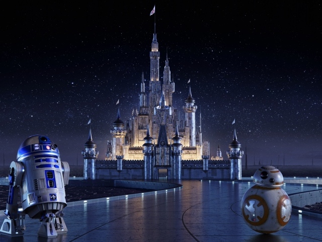 Роботы R2-D2 и BB-8 на фоне замка Disney