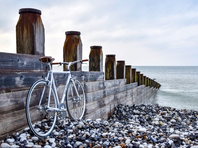 Велосипед стоит и моста на берегу моря