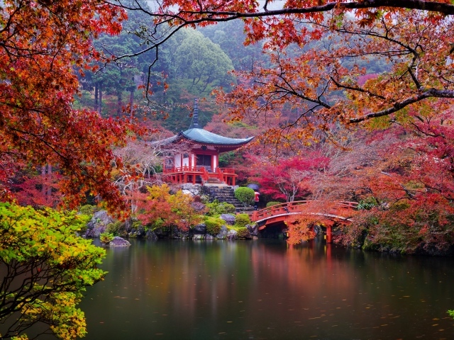 Осенний японский пейзаж у пруда