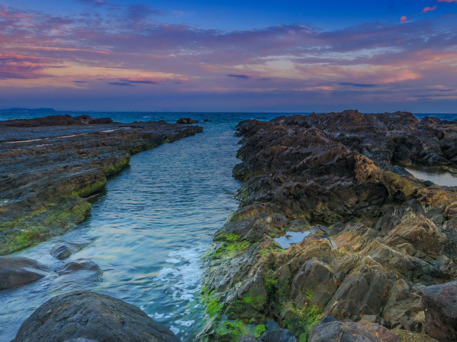 Покрытые мхом камни в морском заливе