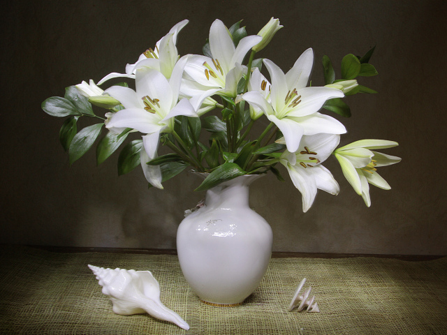 Красивый букет белых лилий в вазе 