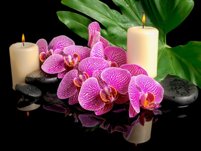 Розовые орхидеи с черными камнями и зажженными свечами