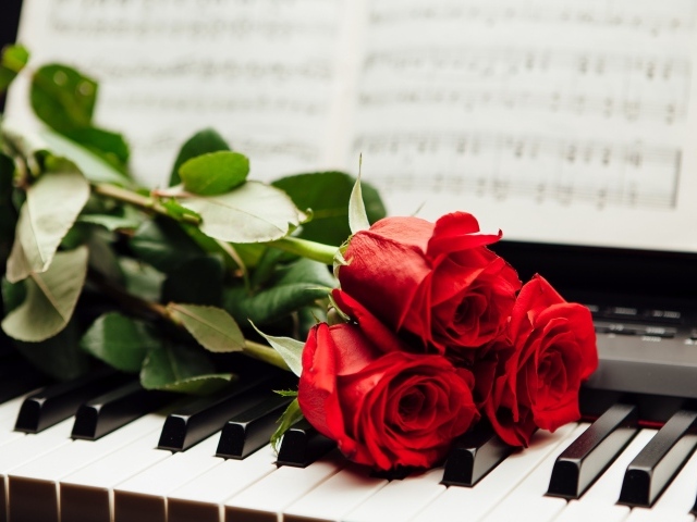 Три красные розы лежат на клавишах пианино с нотами