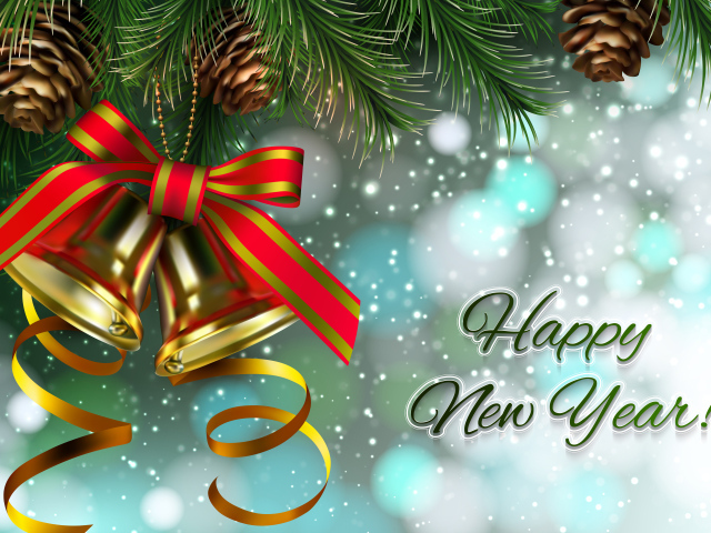 Веселые колокольчики на еловой ветки с надпись на Новый год 