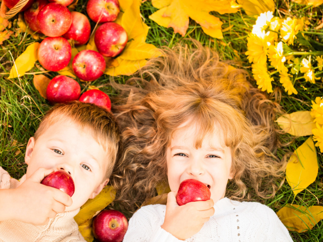 Маленькие мальчик и девочка лежат на желтой листве с красными яблоками