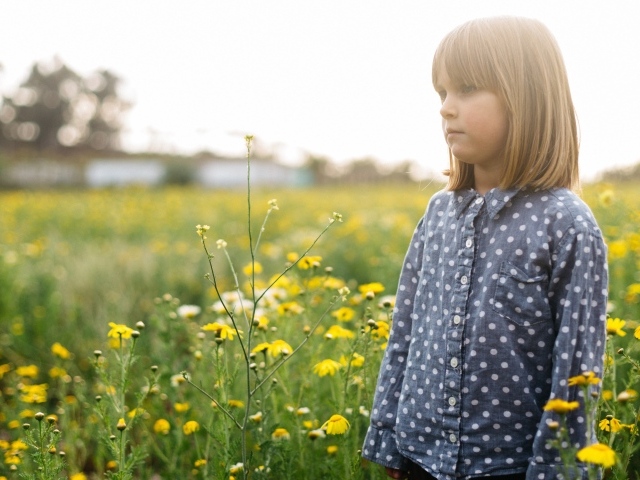 Маленькая девочка на поле с желтыми полевыми цветами