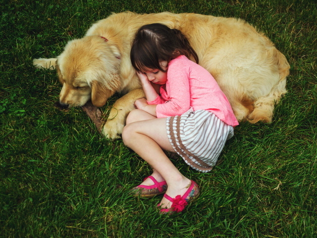 Маленькая девочка спит на зеленой траве с собакой