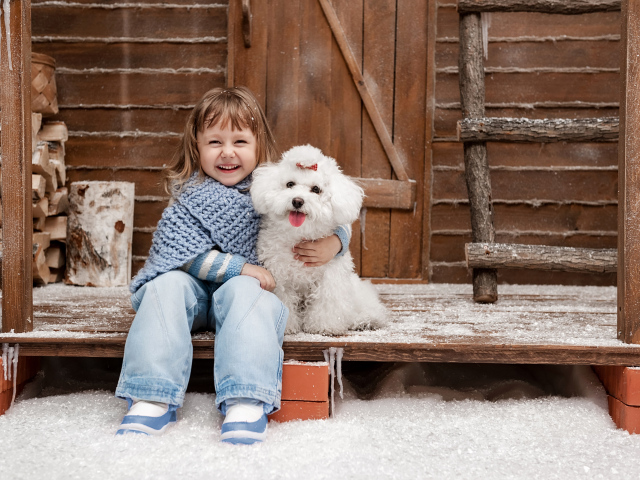 Маленькая улыбающаяся девочка сидит с белым пуделем на крыльце дома зимой