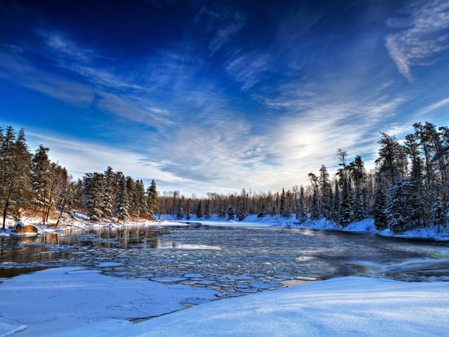 Покрытое льдом озеро в зимнем лесу под красивым голубым небом
