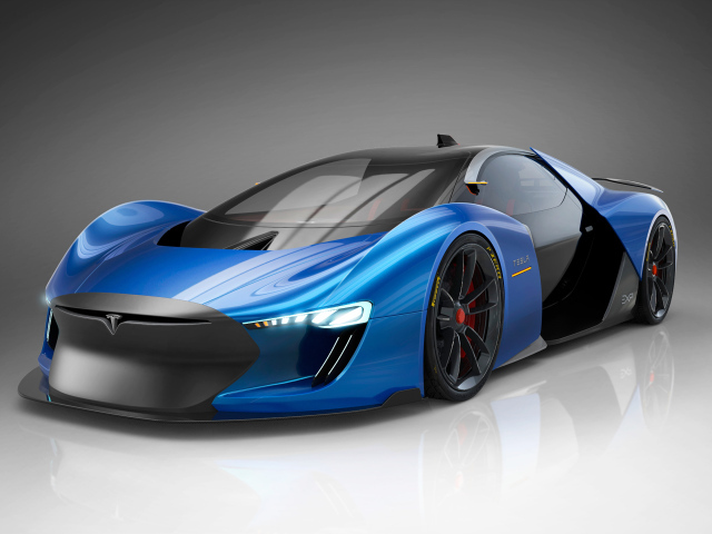 Дорогой автомобиль Tesla Model EXP, 2018 на сером фоне