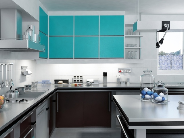 Стильная кухня сером и голубом цвете