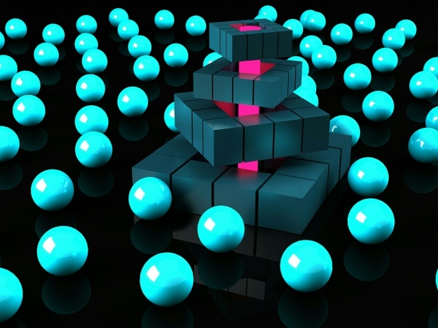 Бирюзовые шары и черные кубы на черном фоне 3д графика