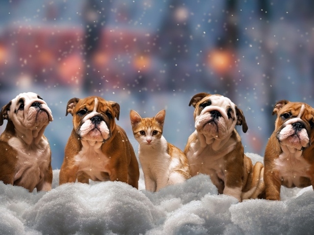 Четыре щенка бульдога и котенок на снегу