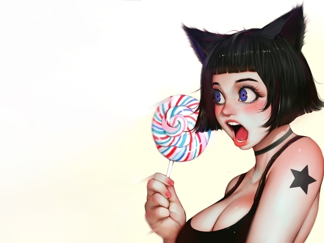 Девушка аниме с леденцом в руке на белом фоне 