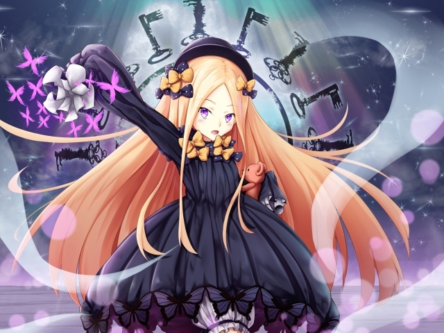 Девушка аниме с розовыми волосами в фиолетовом платье 