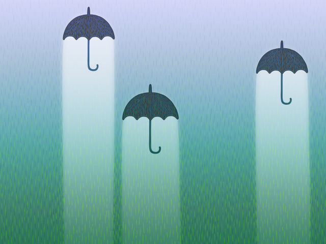Три черных зонтика со светом на фоне дождя