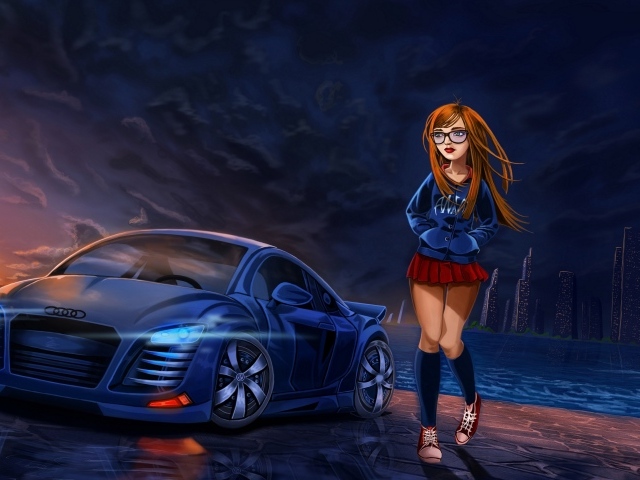 Нарисованная девушка в короткой юбке у автомобиля ауди